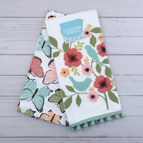 Kitchen Towels Set of 2 Flowers Birds Butterflies Dual Purpose - Picture 1 of 4